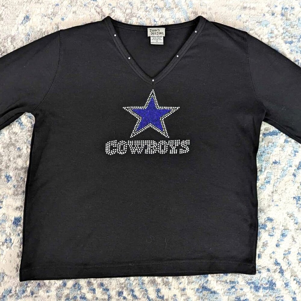 Rhinestone Dallas Cowboys V-Neck Top Size Medium - 100% Combed Cotton